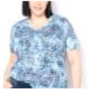 T-SHIRT, PRINTED FRONT, MID BLUE (Blue, Purple, Green), SIZE 4X, VEE NECK, SHAPE